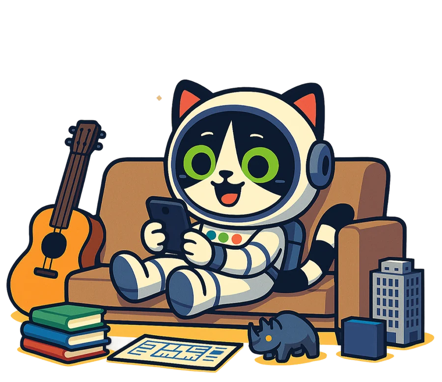 Purr the astronaut cat relaxing on a couch with a phone, surrounded by books and a guitar