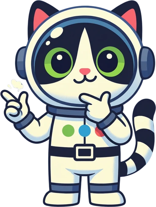 Purr, the Pursuits astronaut cat, mid-thought